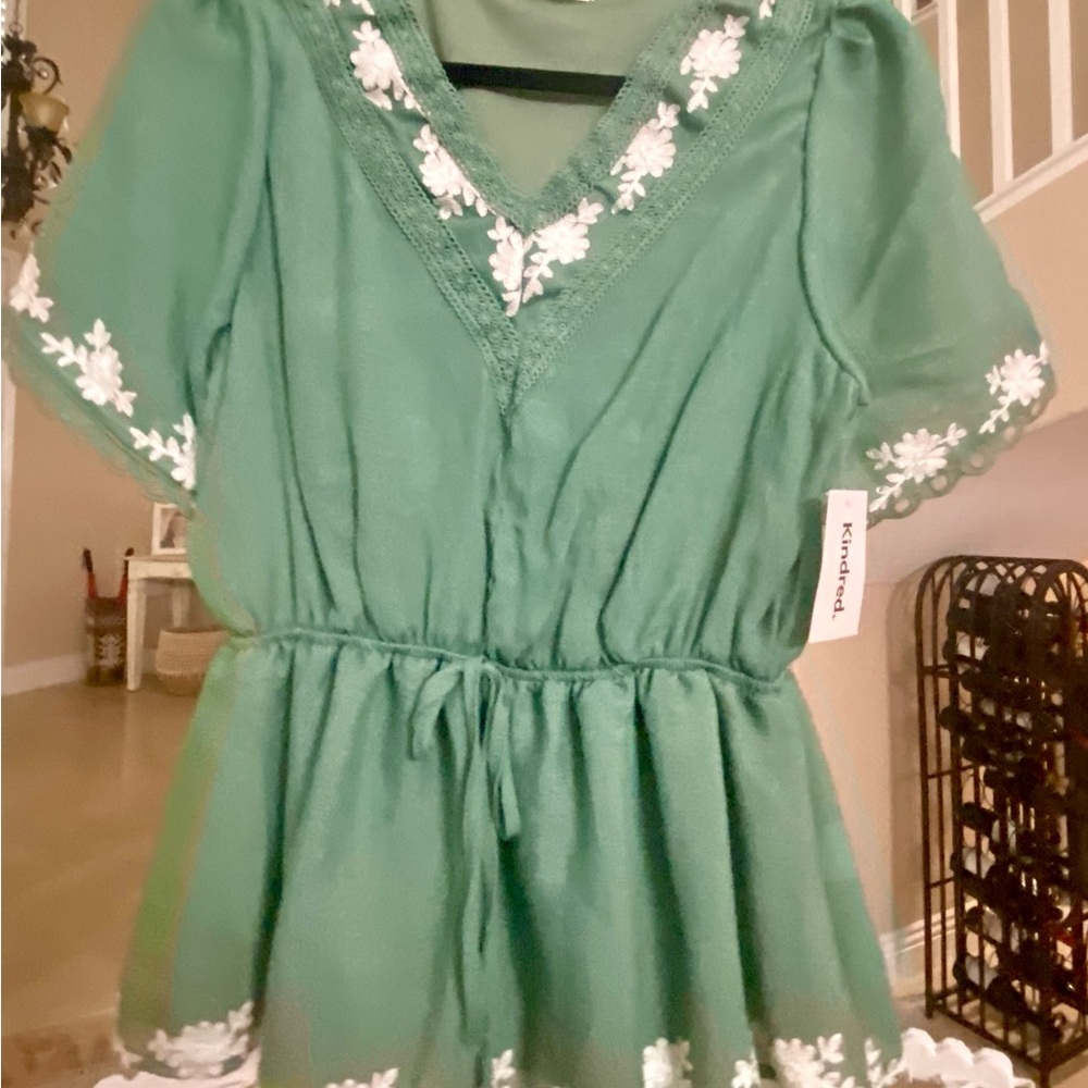 Green Floral Dress with White Embroidery